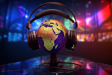International Podcast Day concept. glamorous headset on a globe