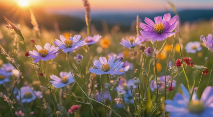 Fototapeta premium Vibrant Sunset over Idyllic Meadow with Wildflowers