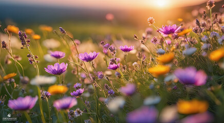Obraz premium Vibrant Sunset over Idyllic Meadow with Wildflowers