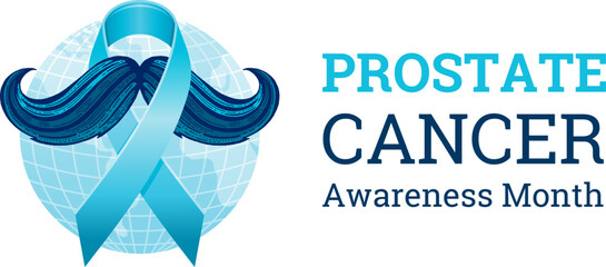 Prostate cancer awareness ribbon with moustaches. Men health logo. Man cancer prevention in November month. Blue color concept. Engraved, 3d cartoon vector illustration isolated on white background