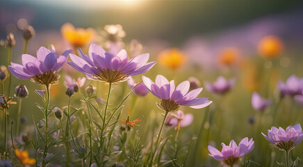 Vibrant Sunset over Idyllic Meadow with Wildflowers