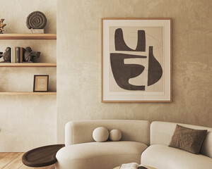 Contemporary classic white beige livingroom interior with one picture frame, wooden shelfs with books and decor. Empty stucco wall mockup. 3d rendering. High quality 3d illustration