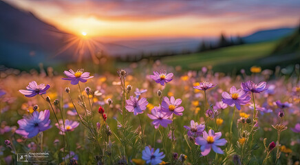 Fototapeta premium Vibrant Sunset over Idyllic Meadow with Wildflowers