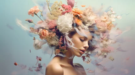 Wall murals Female Female portrait with flowers in her head. Creative background with stylish woman. Fashion portrait. Summer style