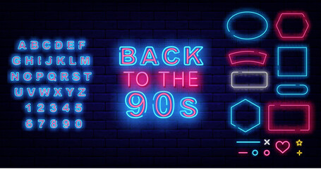 Back to the 90s neon sign. Party celebration. Geometric frames collection. Holiday concept. Vector stock illustration