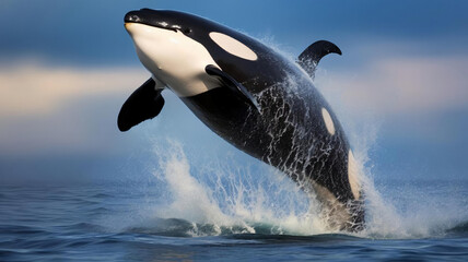 Fototapeta premium A magnificent killer whale jumping in drops of spray over the blue sea surface. AI Generative.