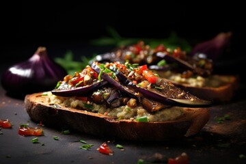 Slice of bread smeared with eggplant salad.