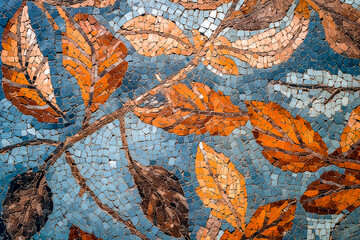 Mosaïque ancienne avec feuilles aux couleurs de l'automne - Générative IA
