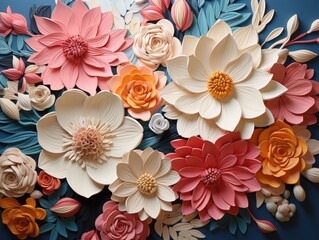 Illustration of a colorful arrangement of paper flowers on a vibrant blue backdrop. Generative AI