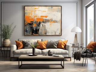 Illustration of a cozy living room with stylish furniture and a captivating painting on the wall. Generative AI
