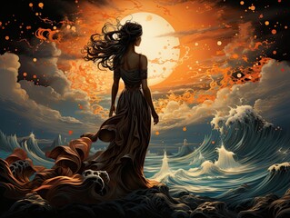 Illustration of a woman standing in front of a beautiful sunset. Generative AI