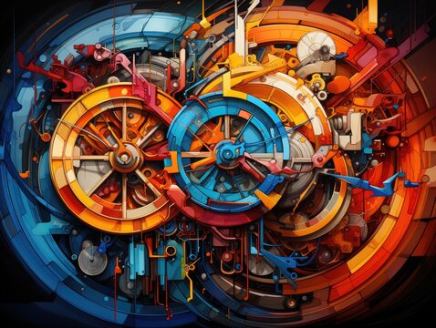 Illustration of a vibrant and intricate clock painting filled with an array of gears and colors. Generative AI