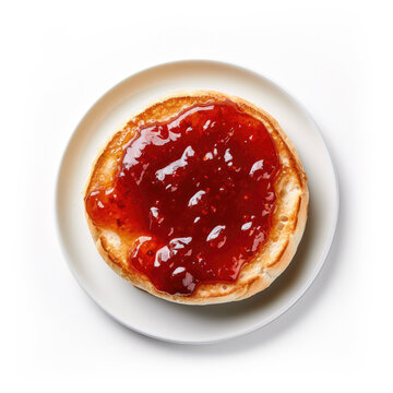 A Plate with an English Muffin and Jam Isolated on a White Background