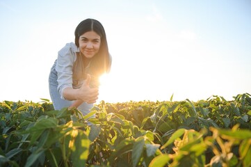 Caucasian female farm worker inspecting soy at field summer evening time.