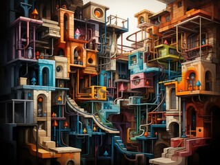 Naklejka premium Illustration of a vibrant and colorful cityscape with buildings of various hues. Generative AI