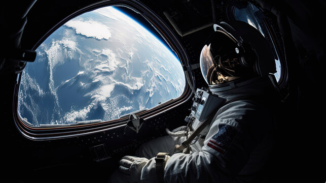 A cosmonaut inside a spaceship looks at a blue planet.