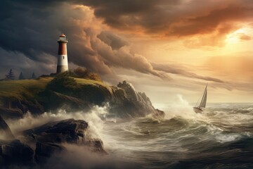 Sailboat arriving to the coast under a storm, close to a lighthouse.