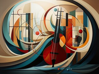 Illustration of an abstract painting featuring musical instruments, with a focus on a violin. Generative AI