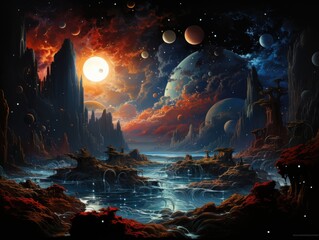Illustration of a celestial landscape painting with planets and stars. Generative AI