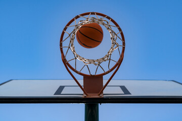 basketball hoop bottom view against the sky