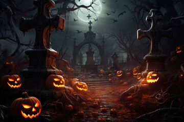 Sinister PumpkinFilled Cemetery. Halloween background