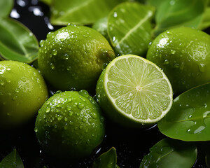 Fresh Green Limes with Droplets of Water and Leafs, Close-Up