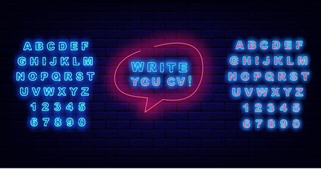 Write your cv neon label. Speech bubble frame. Free vacancy. Job searching. Recruitment banner. Vector illustration