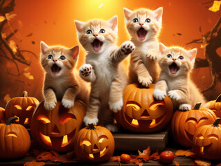 A pile of enthralled kittens jumping around a pumpkin patch with a vivid orange background.. Halloween background