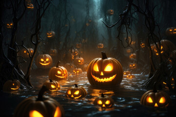 Ghostly Pumpkins Floating in a Midnight Forest. Halloween background
