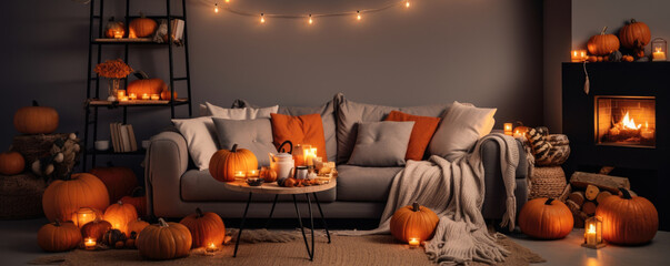 PumpkinTastic Living Room an inviting living room full of pumpkins fairy lights plush blankets and happy fall vibes for a perfect. Halloween background