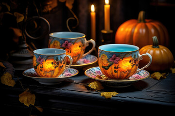 A Setting of Anomalous Orange and Yellow Pumpkins Sitting Comfortably on an Eerily Glowing Teacup Set. Halloween background