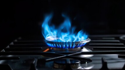 Blue gas cooker with burning flame of propane gas. Domestic kitchen stove top. Global gas crisis and price rise.
