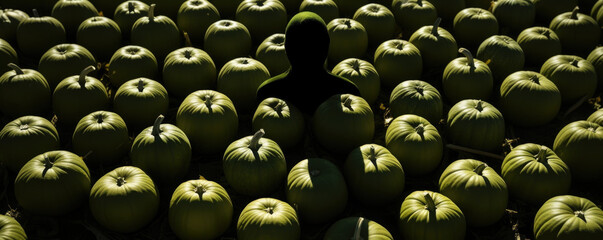 A silhouetted silhouette of a face in a pumpkin patch. Halloween background
