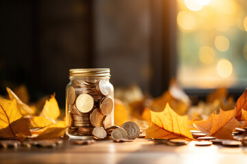 coins in a jar and on a table surrounded by autumn leaves