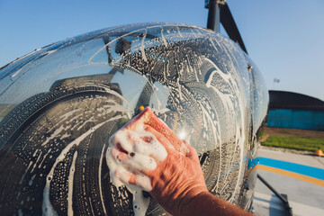 Detail of Helicopter Engineering on a beautiful blue sky,Military Helicopter fighter cockpit....