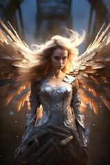 Blonde angel with wings of feathers and golden energy in a white and gold armoured suit