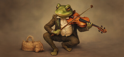 Weird pets, whimsy meets the macabre. These charming and twisted characters come to life in this AI-generated illustration with their haunting design. Mysterious fairytale frog playing the violin. 