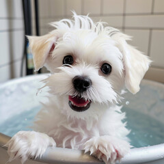 An AI-generated heartwarming photo of a cute Maltese puppy having a bath with carefree joy. An innocent exploration, carefree fun, friendship and playful simplest pleasure. 