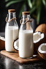 Obraz na płótnie Canvas Fresh coconut milk in glass bottle, vegan non dairy healthy drink. Generative AI