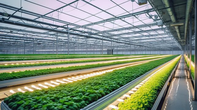 A high-angle shot of a greenhouse with a hydroponic system. The photo captures the vibrant greenery of various crops, including lettuce, herbs, and strawberries, all growing without soil.