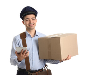 Young postman with tablet computer and parcel on white background