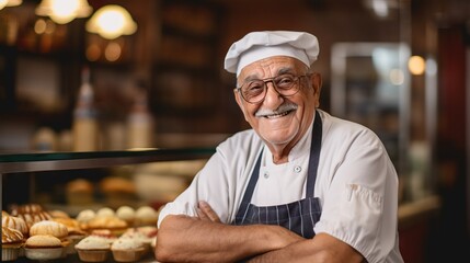 portrait of a pleased, man in his 80s that is baking delicious pastries wearing a chef's hat and apron against a bakery background