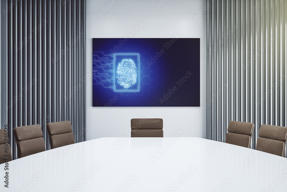Poster Abstract creative fingerprint concept on presentation screen in a modern conference room. 3D Rendering