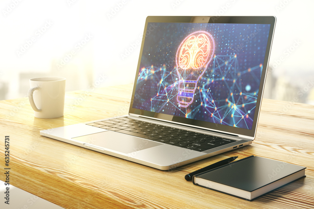 Poster Creative idea concept with light bulb and human brain illustration on modern laptop screen. Neural networks and machine learning concept. 3D Rendering