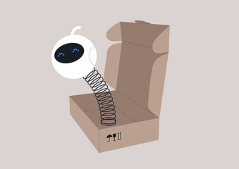 The act of unveiling a parcel, where a robot springs out akin to a jack-in-the-box on a coiled mechanism