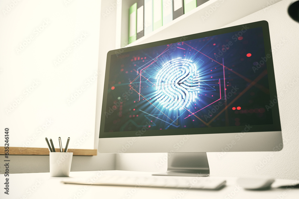 Aufkleber Computer monitor with abstract fingerprint scan interface, digital access concept. 3D Rendering