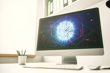 Computer monitor with abstract fingerprint scan interface, digital access concept. 3D Rendering