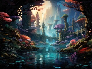 Illustration of a beautiful fantasy forest painting with a charming bridge. Generative AI