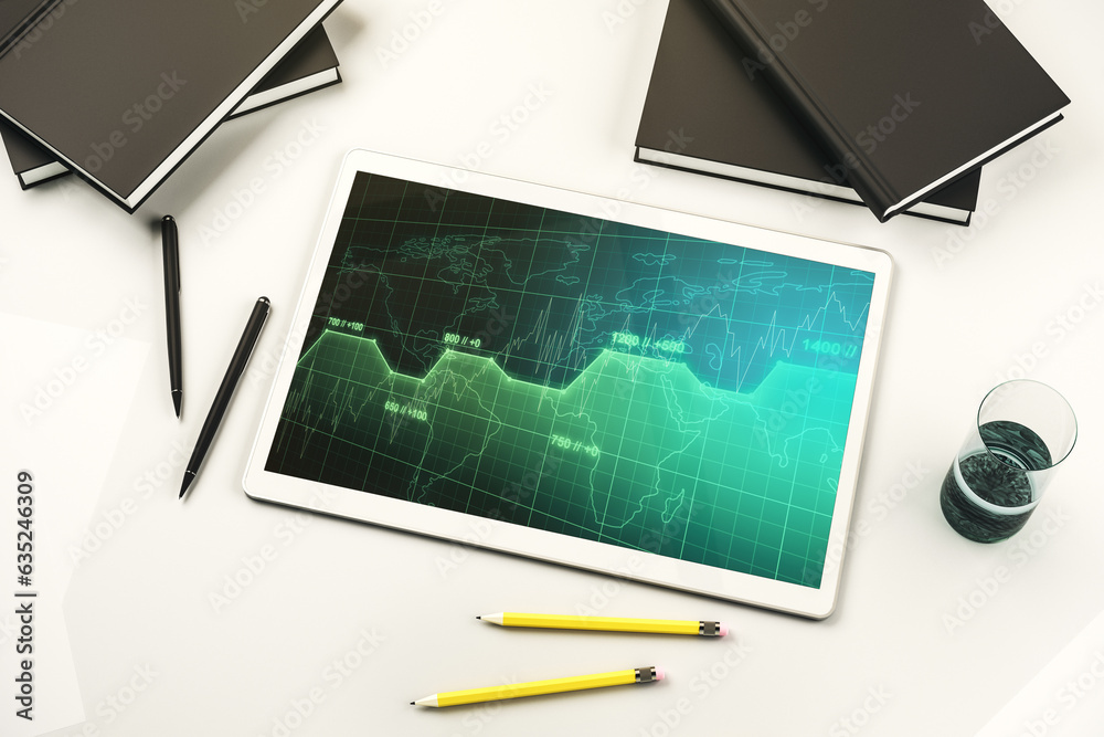 Aufkleber top view of modern digital tablet screen with abstract graphic data spreadsheet sketch, analytics an