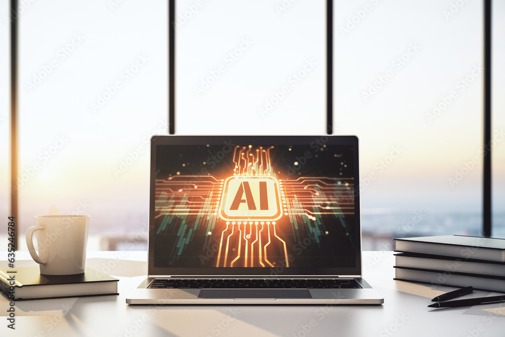 Poster Creative artificial Intelligence symbol concept on modern laptop screen. 3D Rendering